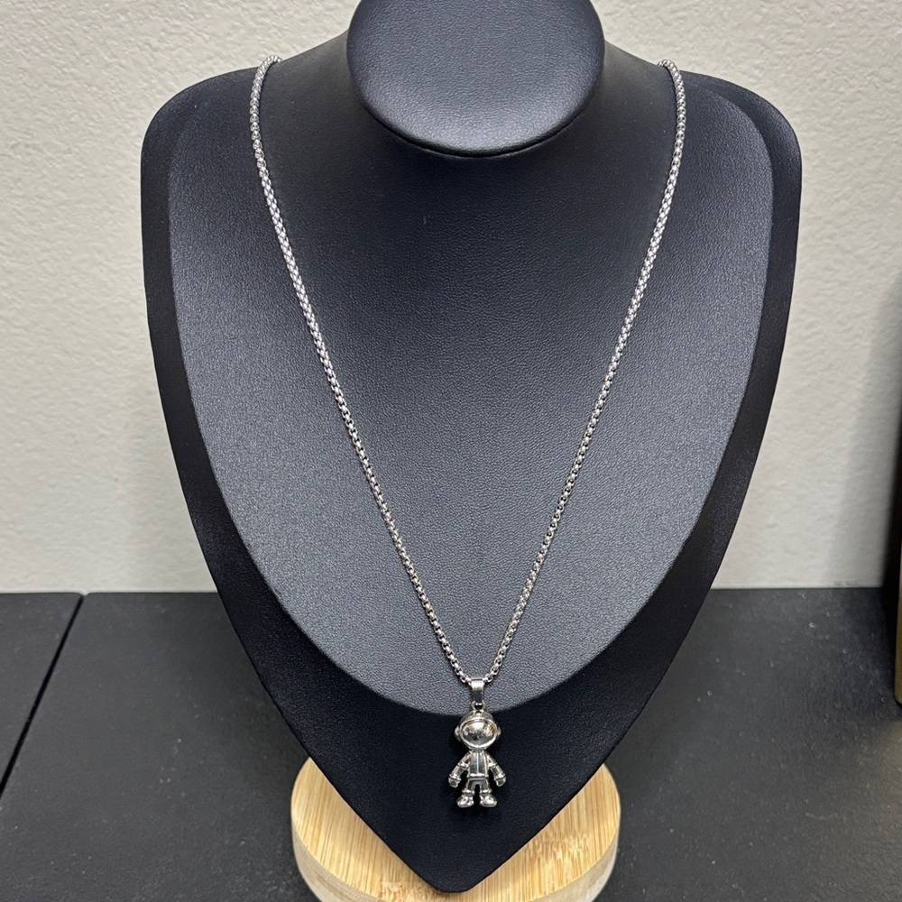 Moon Man Astronaut Stainless Steel Necklace Silver Tone